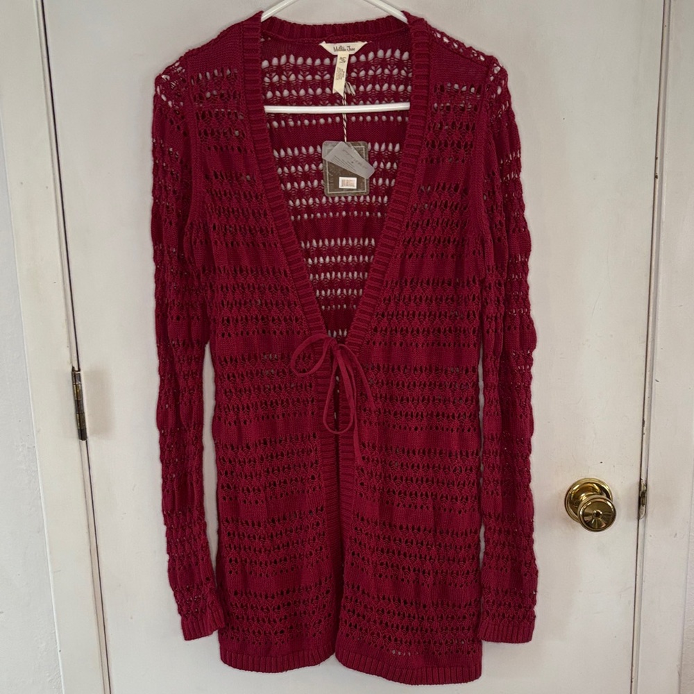Matilda Jane raspberry open knit tie front cardigan Size Medium